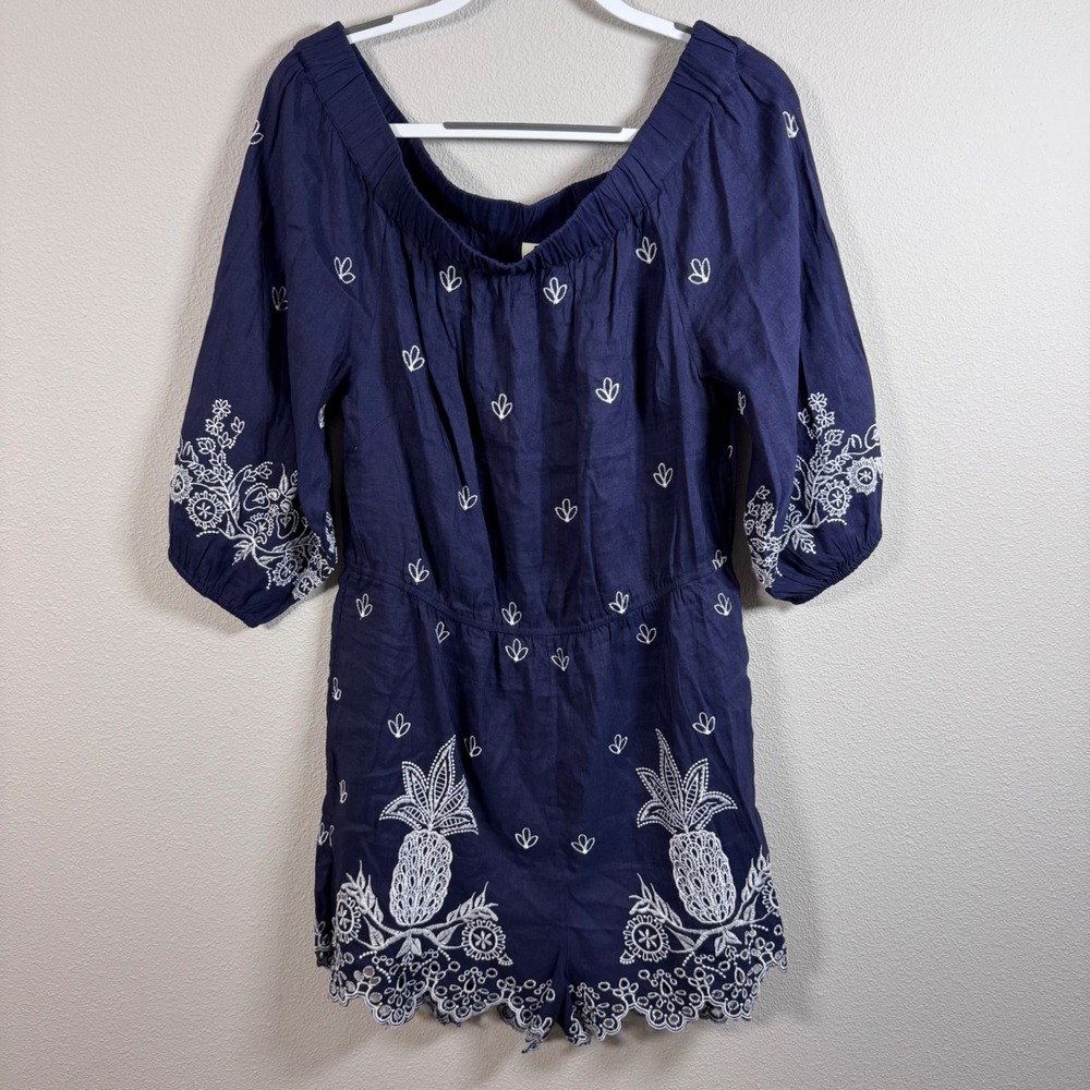 Farm Rio Anthropologie Jackie Navy Linen Pineapple Embroidered Romper Large NWT - Picture 2 of 6